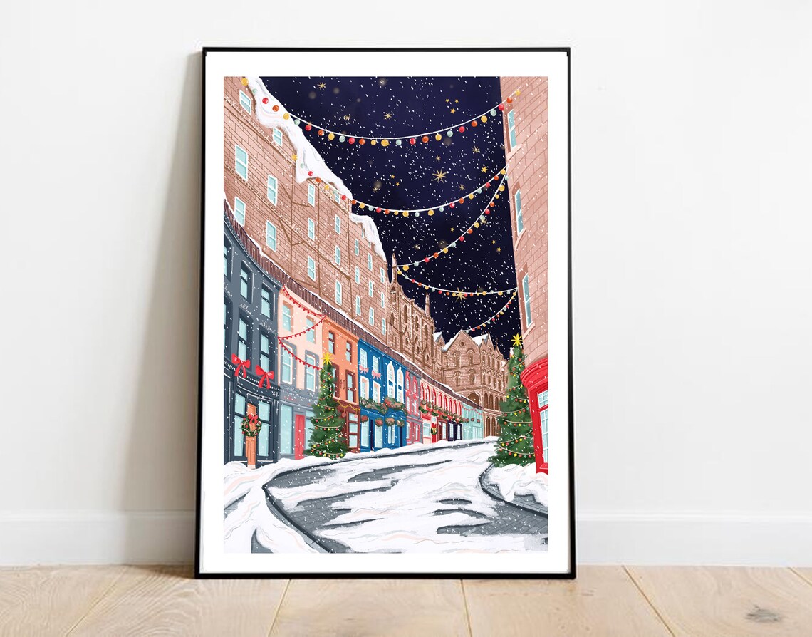 Edinburgh Christmas Snowy Street Fairy Lights Night Art Poster