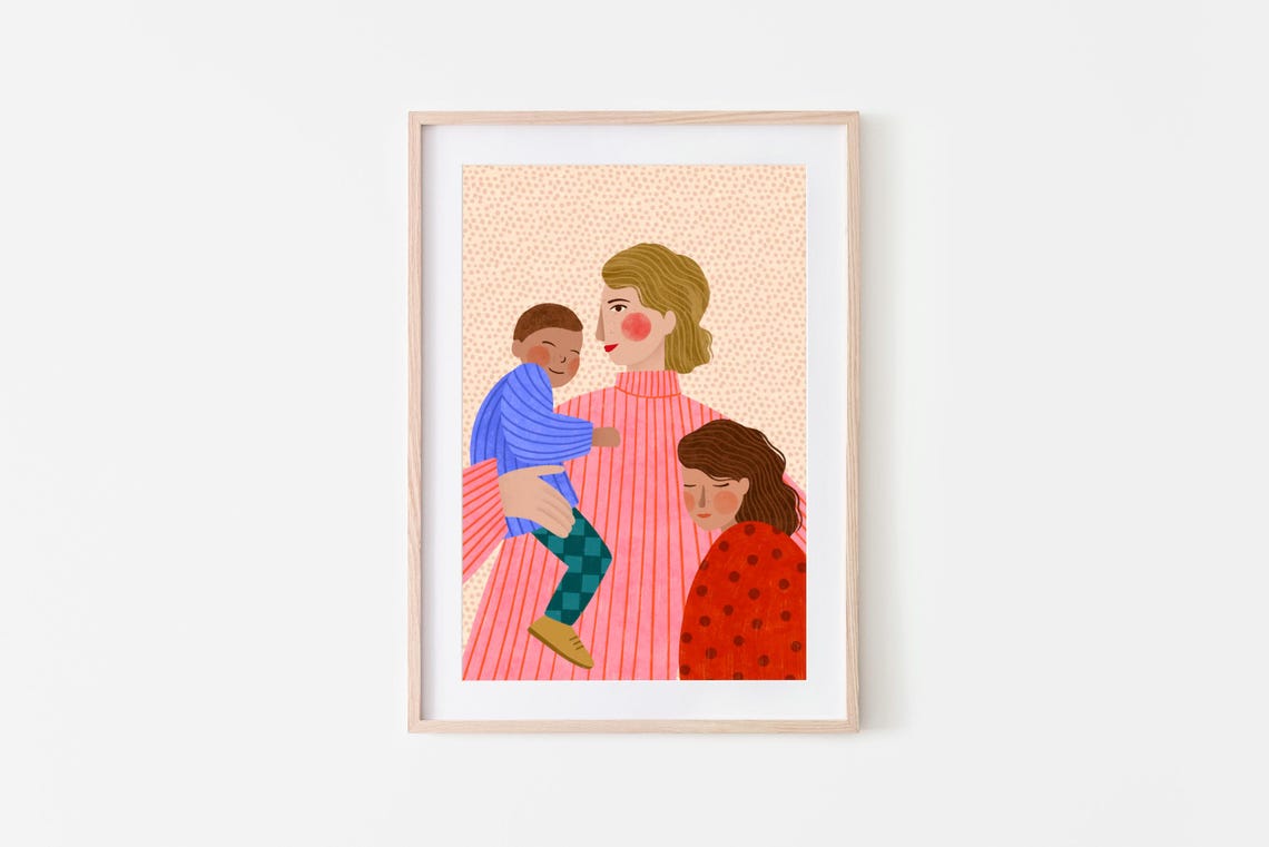 Mum An Boy And Girl Motherhood Art Print Sibling Poster Woman And Children Illustration Kids Room Art - Image 2