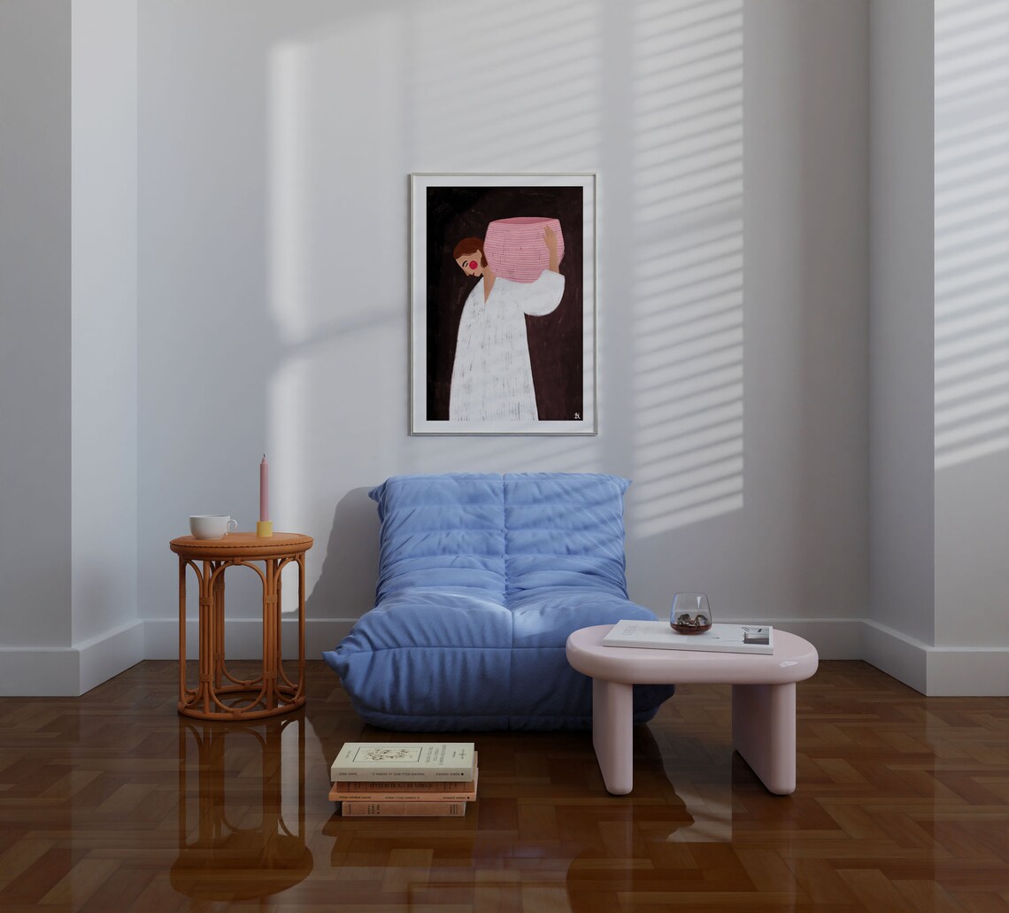 Woman With the Pink Basket Art Print, Portrait - Image 2