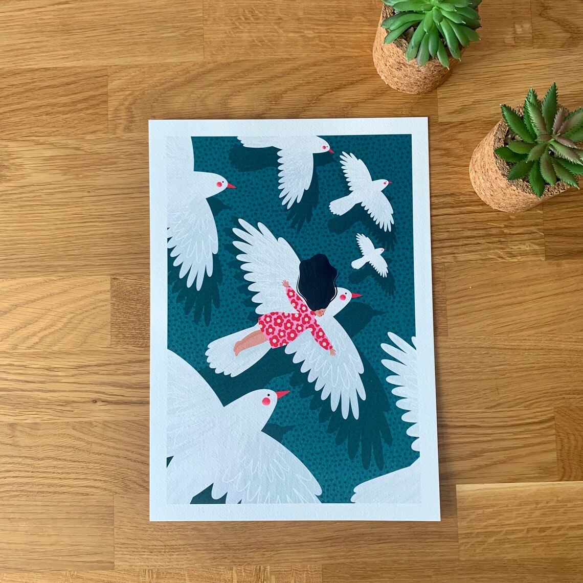Girl Flying With White Doves Dreamy Freedom Illustration Poster - Image 2