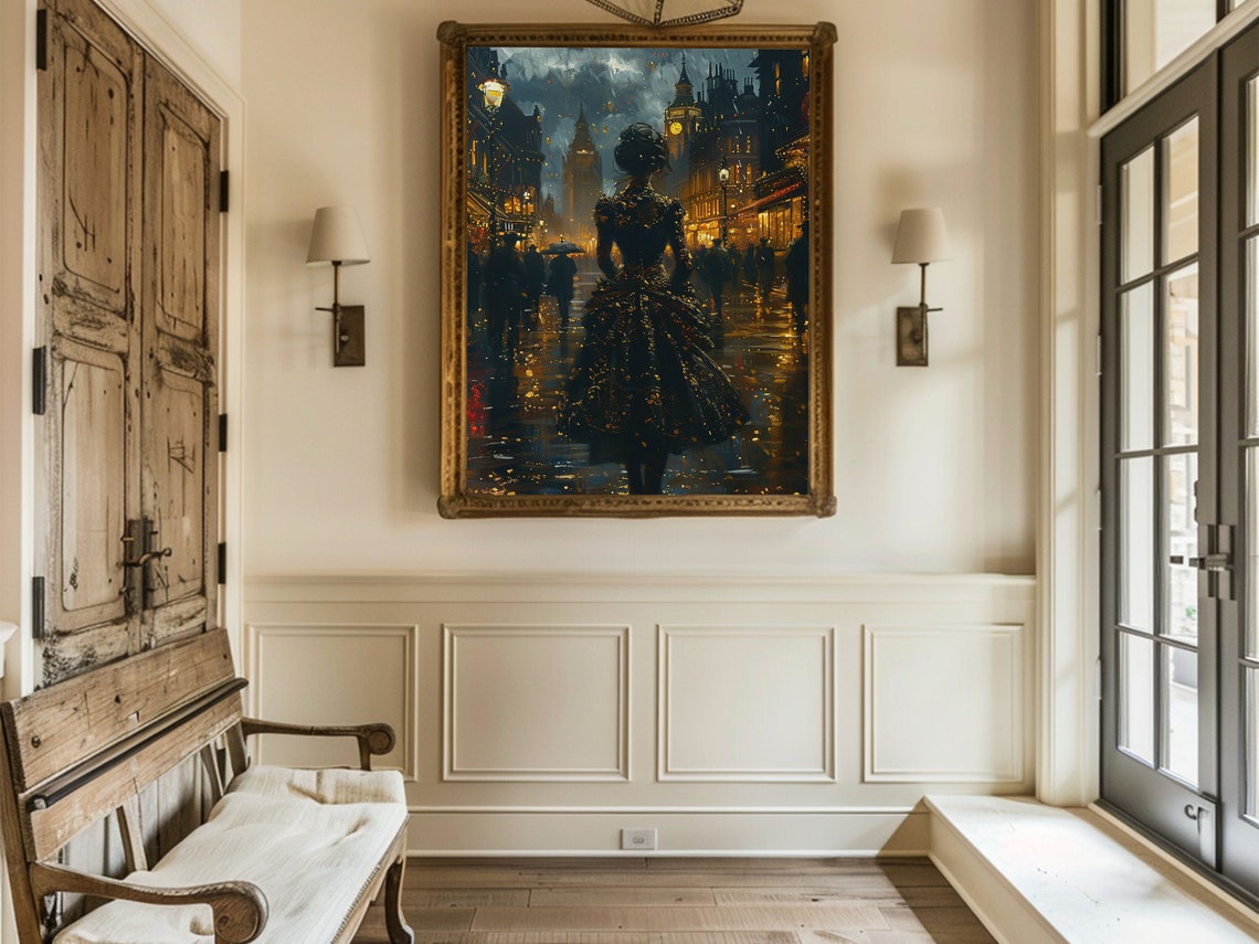 Victorian Woman Rainy London Night Black Lace Big Ben Glow Poster - Image 3
