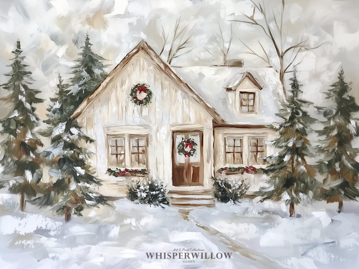 Cozy White Christmas Cottage with Wreaths in Soft Snow Poster - Image 6