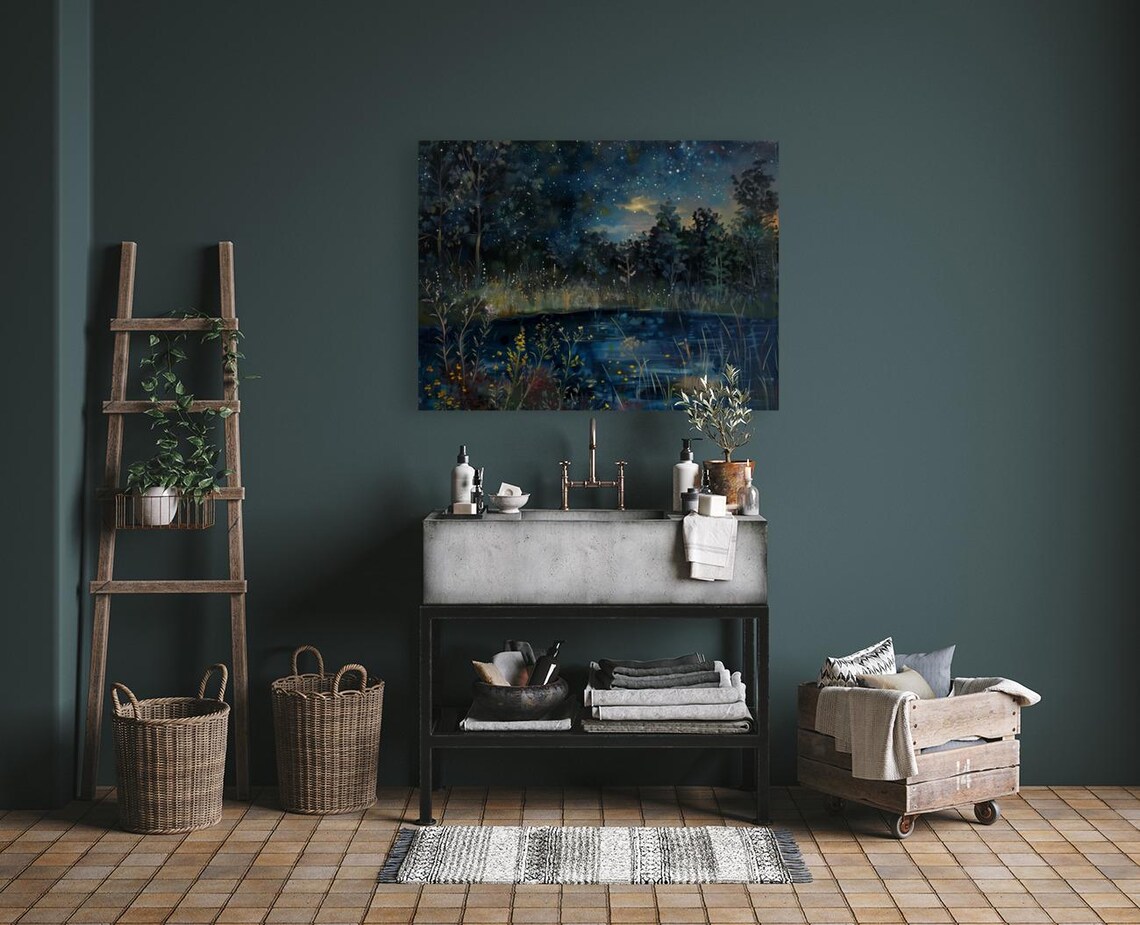 Starry Night Sky Lake Wildflower Reflections Whimsical Fireflies Painting Poster - Image 4