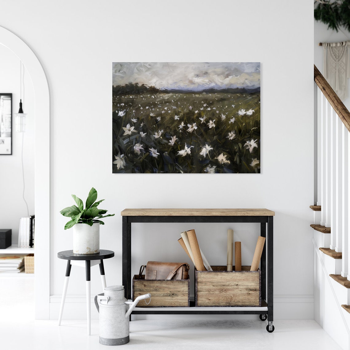 White Wildflower Field Under Cloudy Sky Moody Landscape Art Poster - Image 3