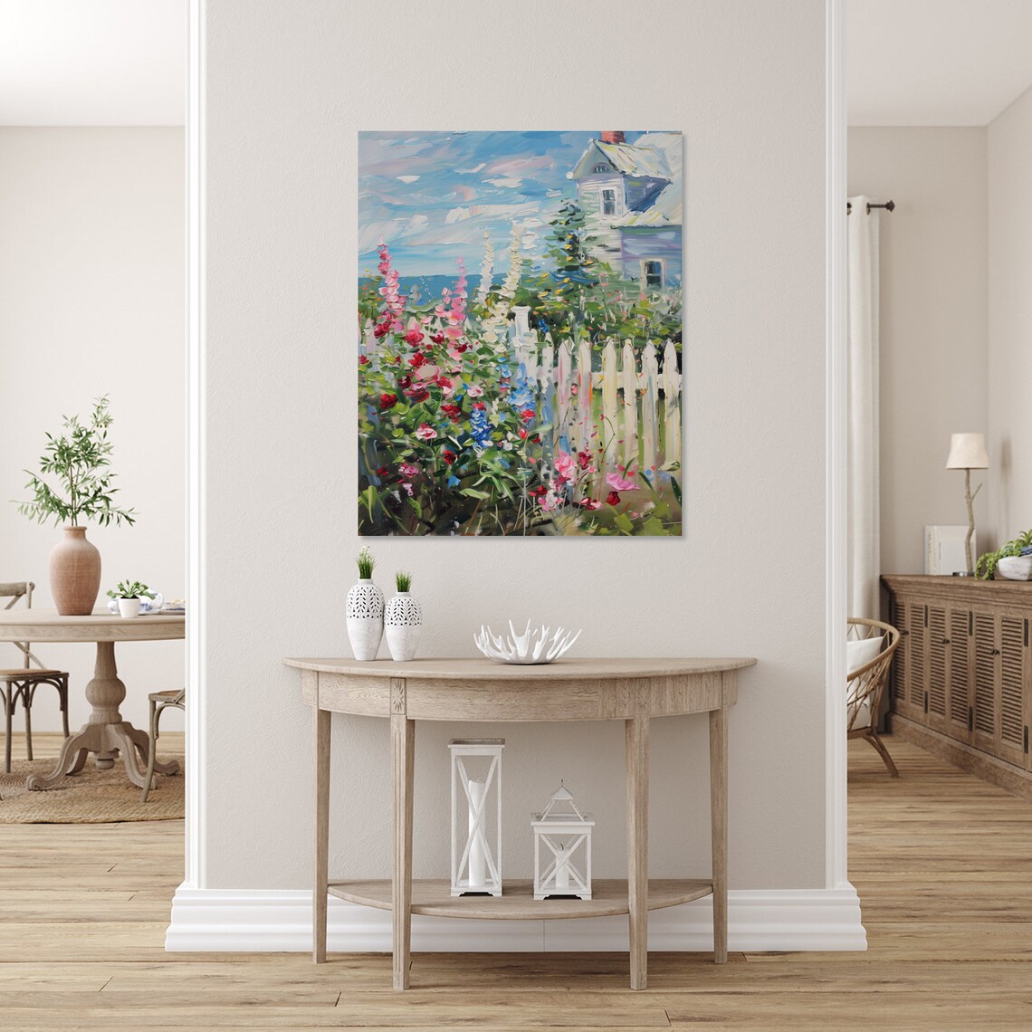 Seaside Cottage Garden With Hollyhocks And Picket Fence Art Poster - Image 4