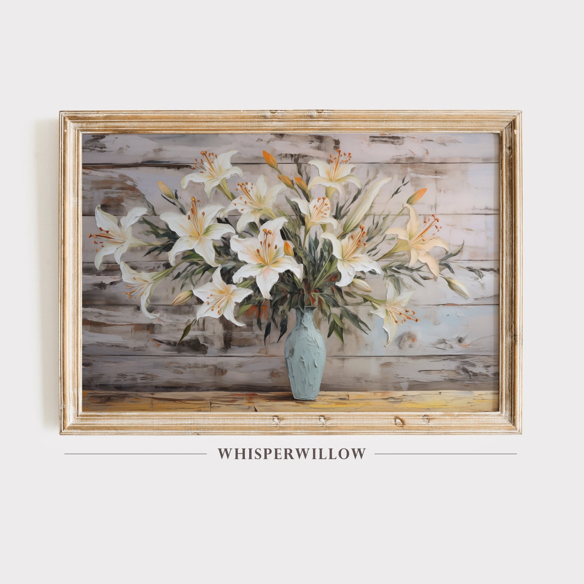 White Easter Lilies Blue Vase Rustic Weathered Wood Floral Poster
