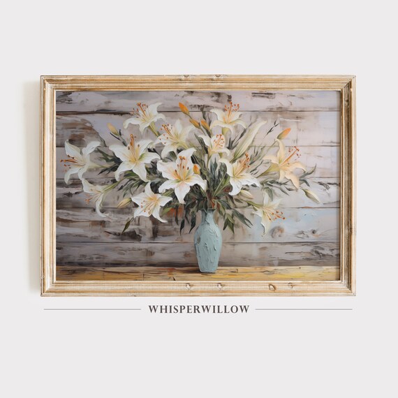 White Easter Lilies Blue Vase Rustic Weathered Wood Floral Poster