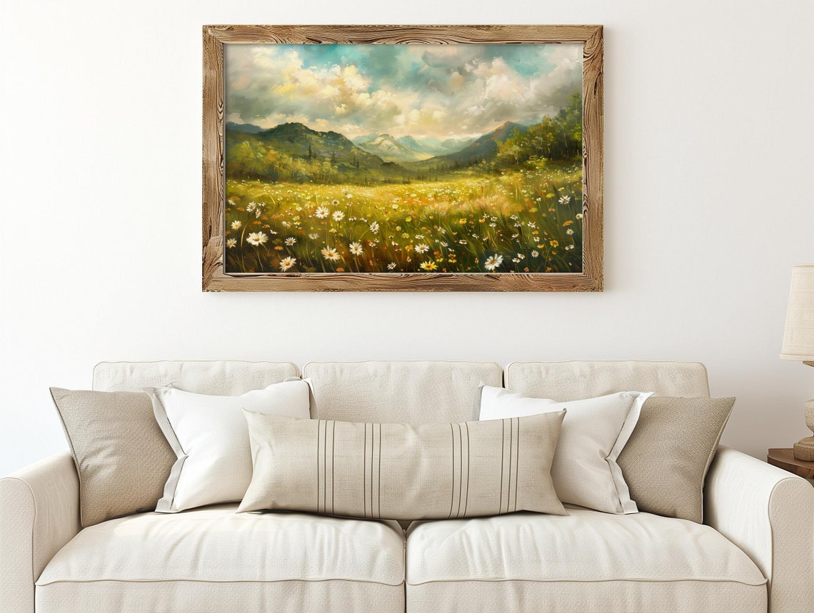 Daisy Wildflower Meadow With Mountains Bright Summer Scene Poster - Image 3