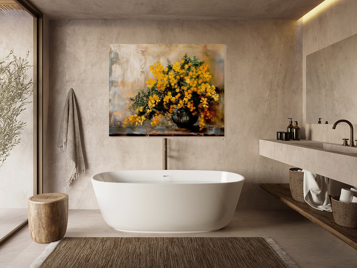 Golden Mimosa Blossoms Vintage Floral Still Life Painting Poster - Image 2