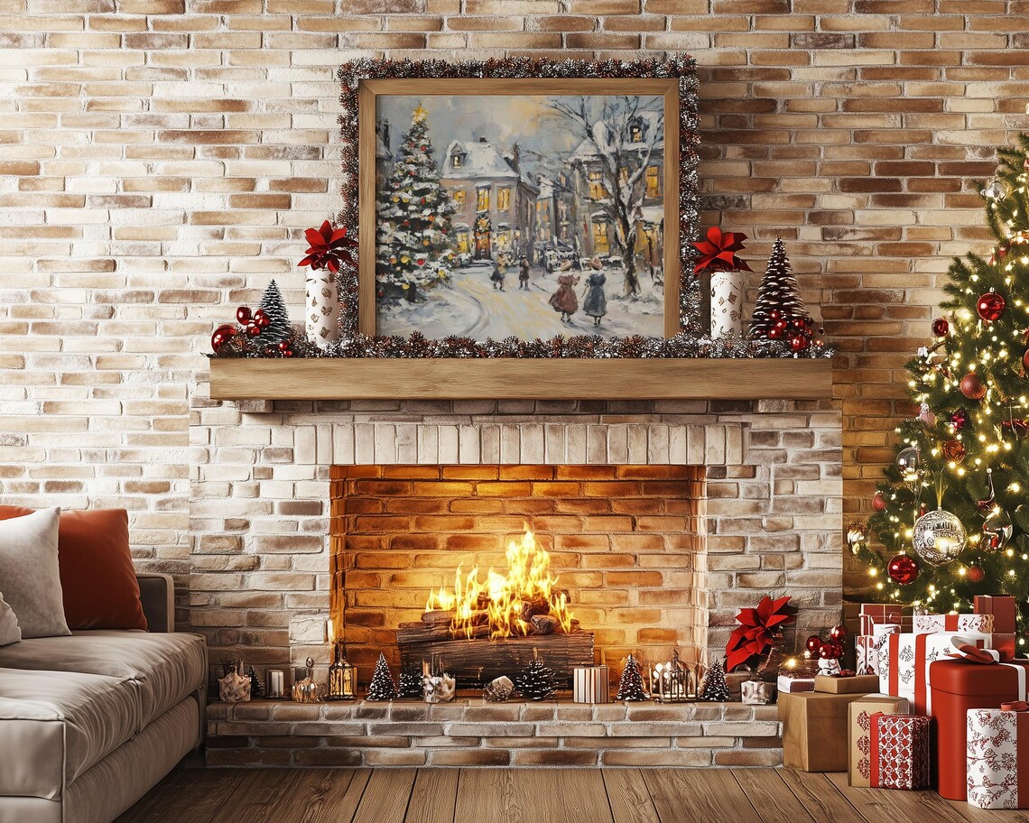 Snowy Christmas Village Street with Carolers Vintage Painting Poster - Image 4