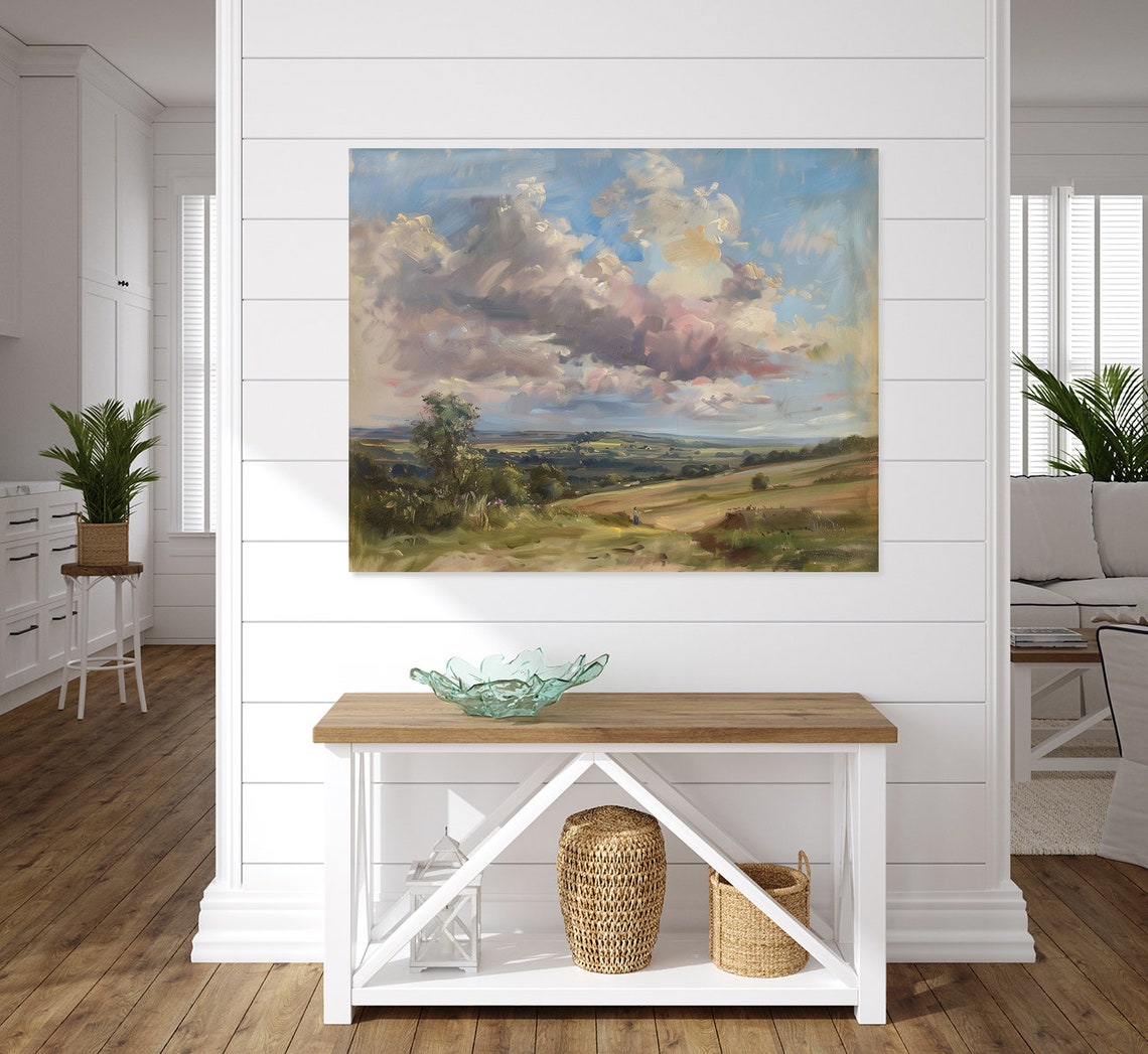 Rolling Hills Peaceful Country Reflections Painting Antique Rustic Farmhouse Wall Decor Impressive Sky Art - Image 5