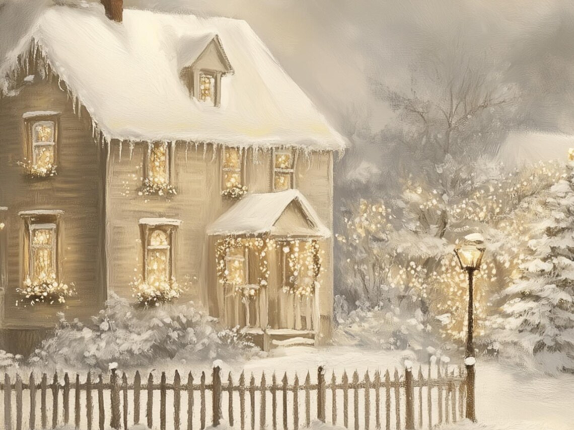 Snowy Cottage with Picket Fence and Lit Christmas Tree Night Poster - Image 6