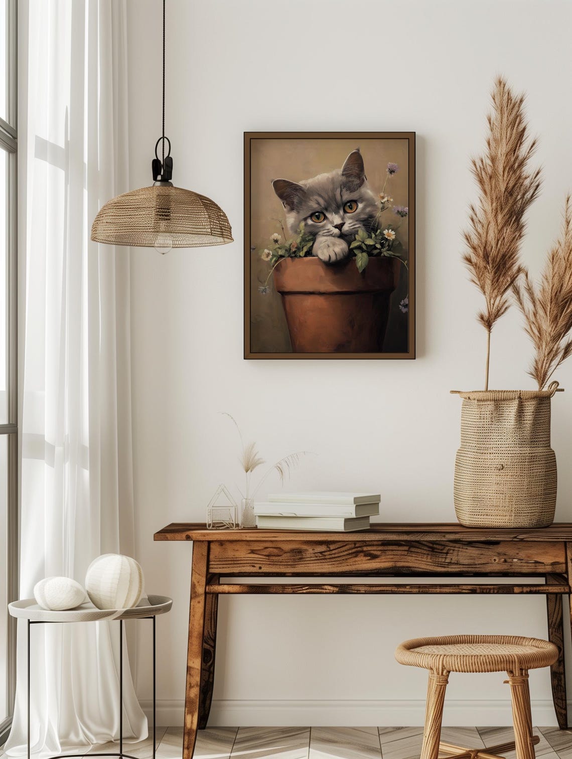 Gray Kitten Peeking Out of a Flower Pot Cute Painting Poster - Image 4