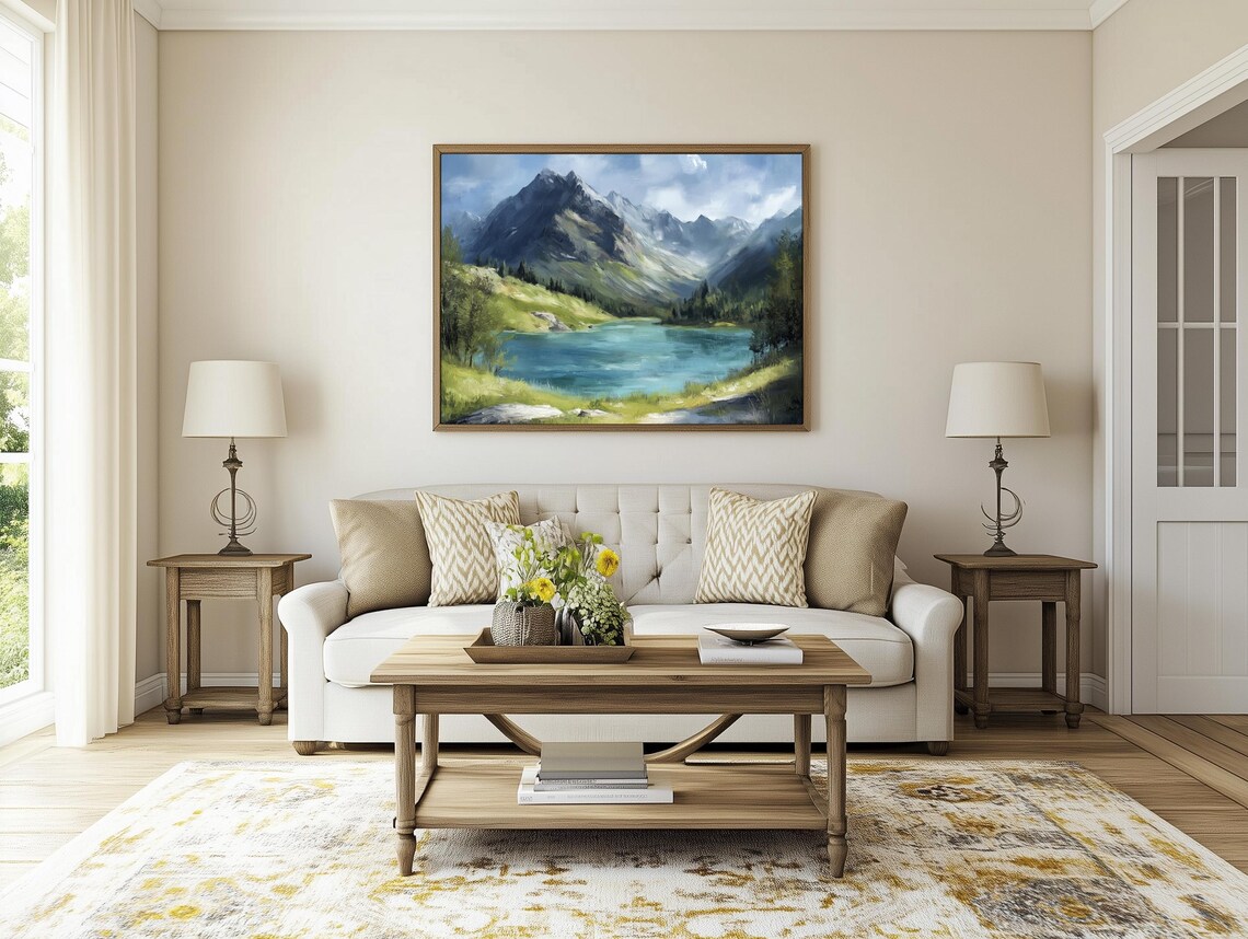 Turquoise Mountain Lake Beneath Towering Peaks Oil Painting Poster - Image 5
