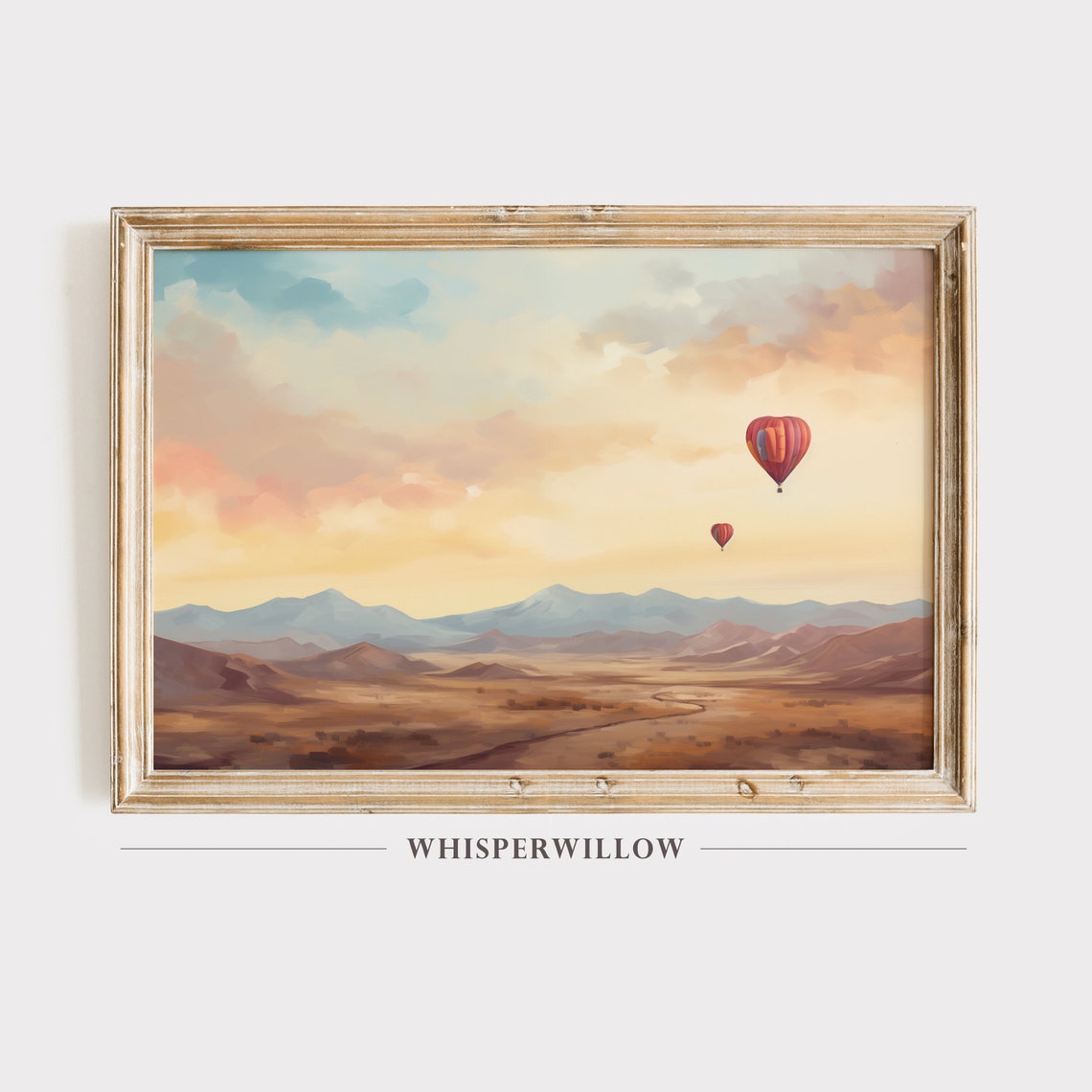 Red Hot Air Balloons Desert Valley Sunset Layered Mountain Poster