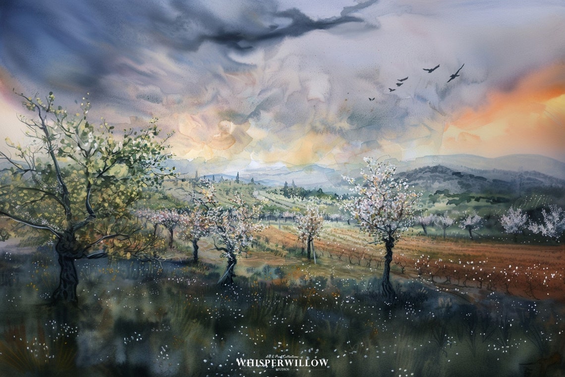 Storm Clouds Over Flowering Valley at Sunset Watercolor Poster - Image 6