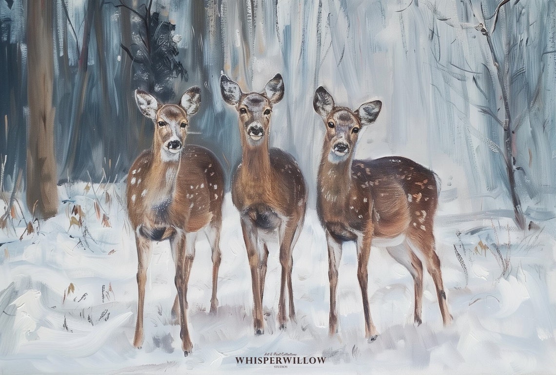 Three Deer in a Snowy Winter Forest Painterly Wildlife Poster - Image 6