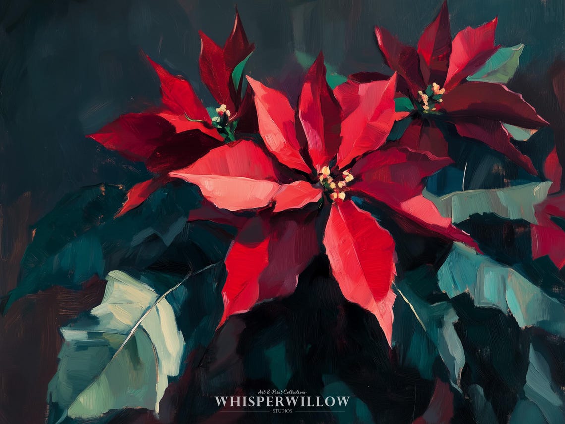 Bold Red Poinsettia Blooms Painterly Holiday Floral Art Poster - Image 6