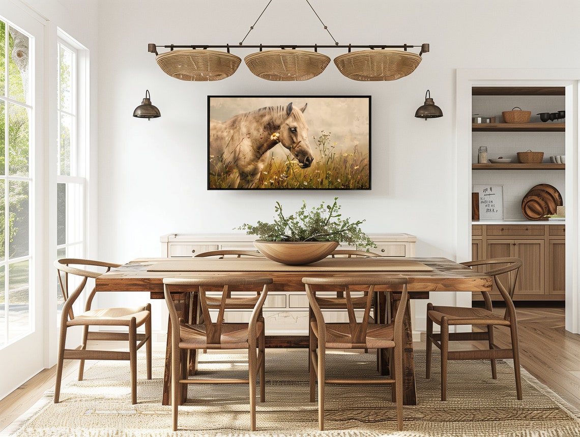 Graceful White Horse Grazing Among Wildflowers in Soft Beige Poster - Image 5