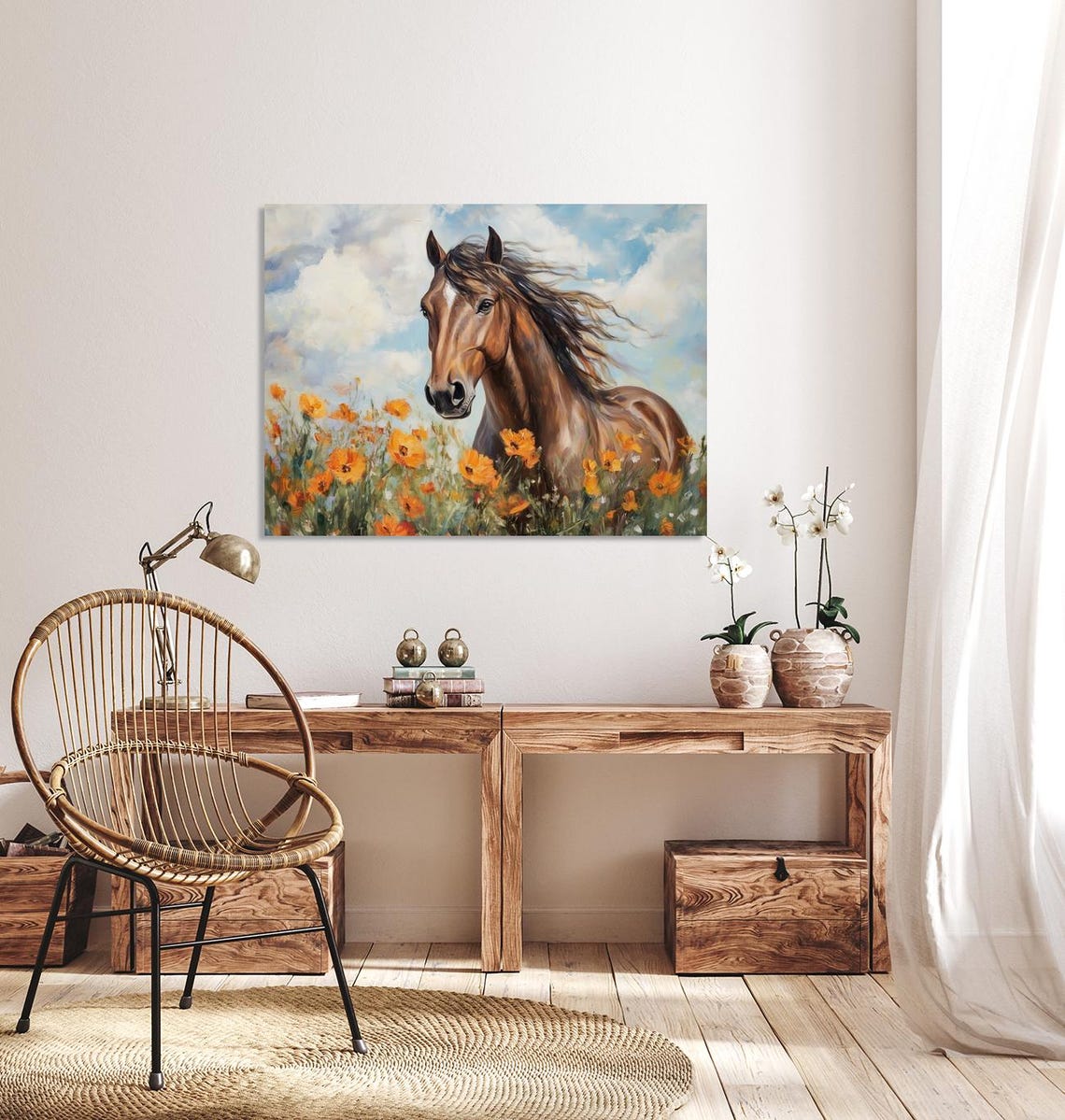 Majestic Brown Horse Orange Poppies Field Sunny Meadow Painting Poster - Image 4