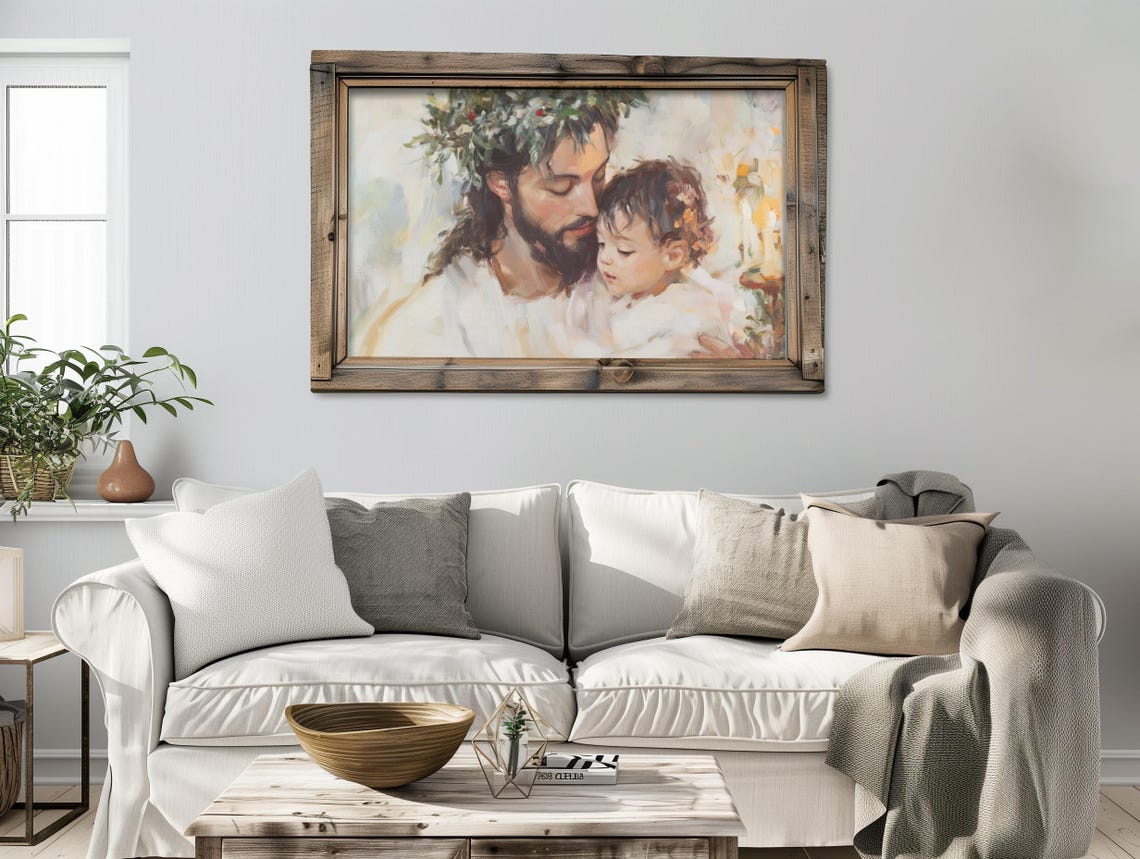 Jesus with Child Christmas Portrait Wreath Crown Painting Poster - Image 2