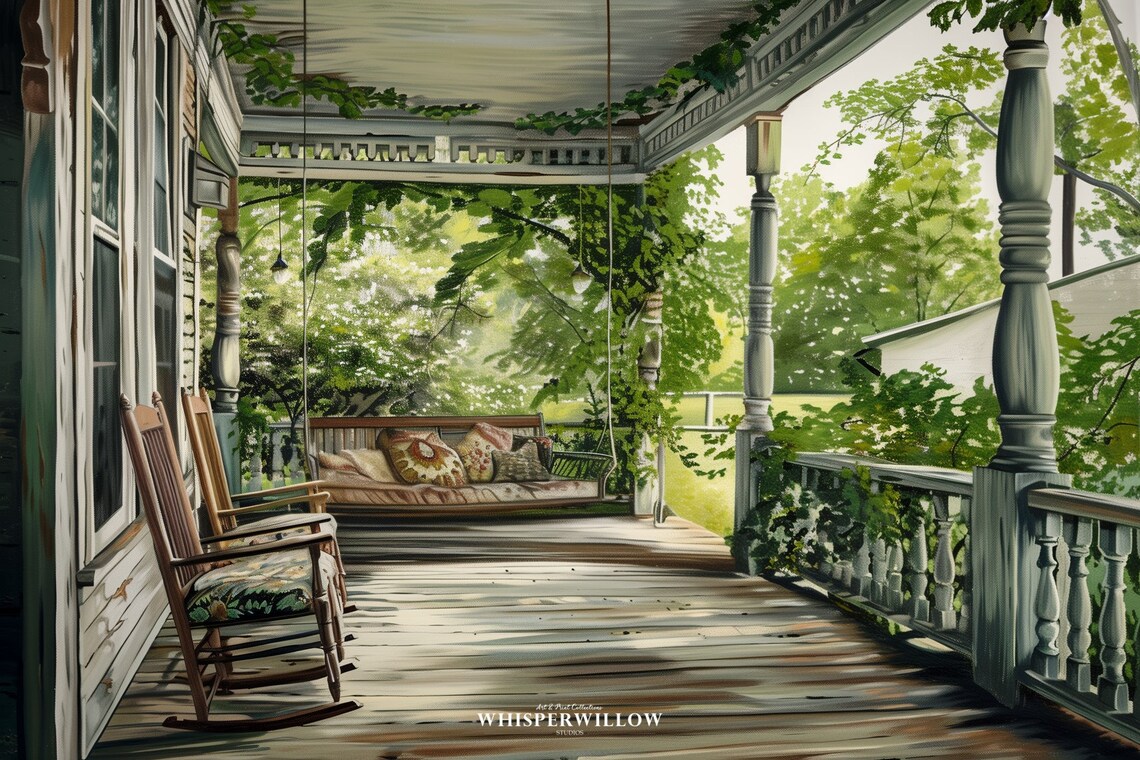 Charming Sunlit Farmhouse Front Porch with Rocking Chair Poster - Image 6
