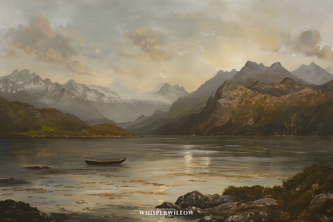Fjord Lake Majestic Mountains Vintage Painting Lone Boat Poster - Image 6
