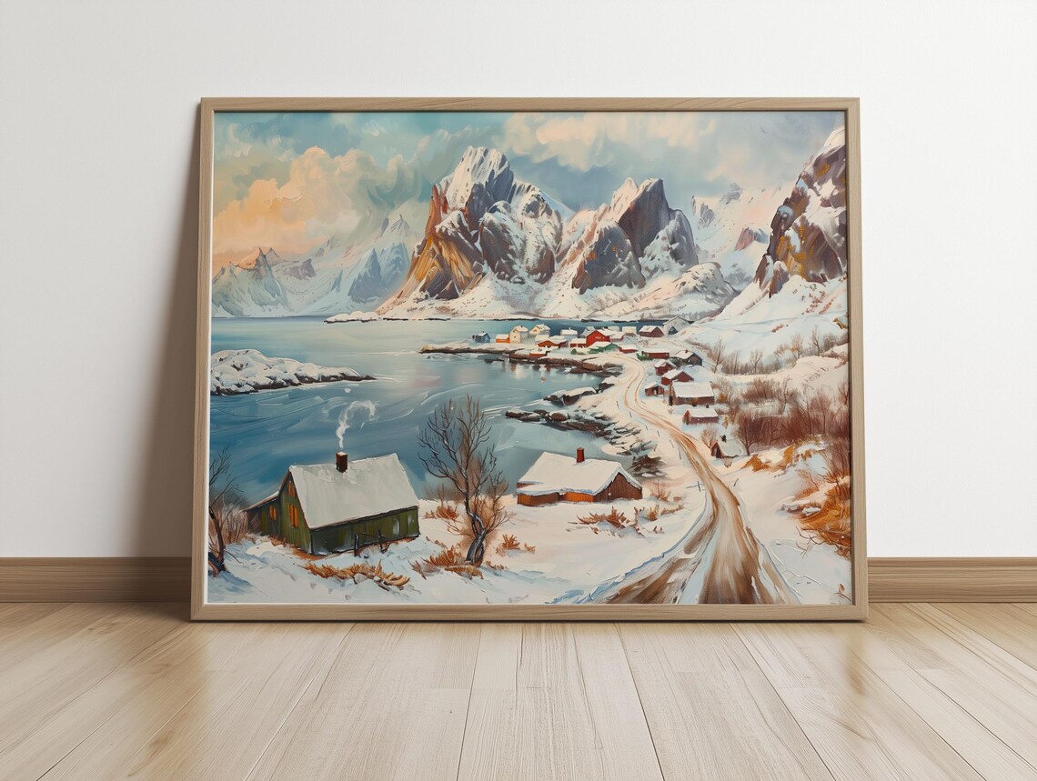 Norway Winter Mountain Homes Vintage Landscape Art Print - Image 4