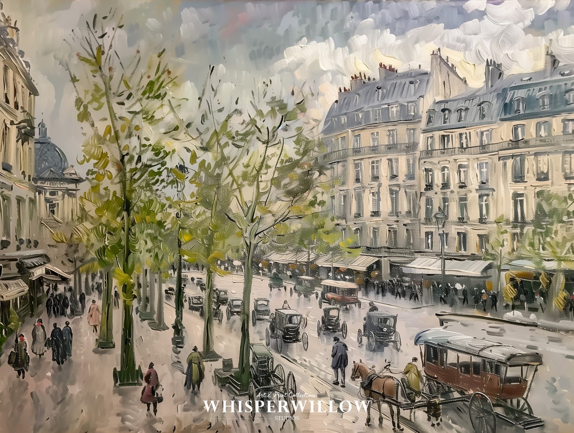1880s Paris Street With Horse Carriages Vintage European Art Poster - Image 6