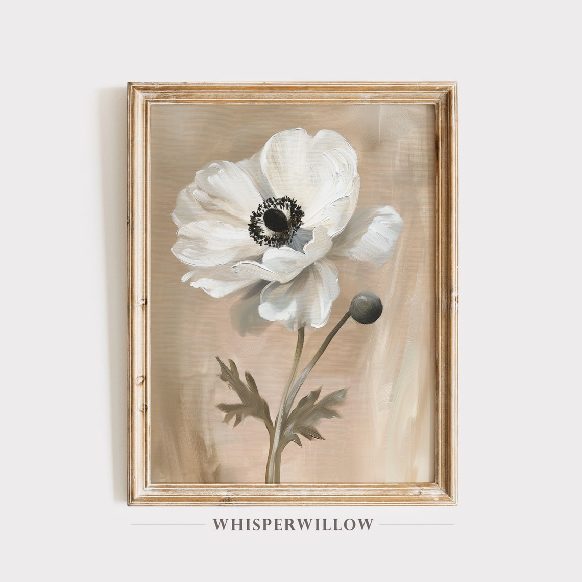 White Anemone Bloom Single Flower Still Life Painting Neutral Wall Art