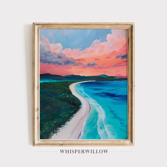 Curved Tropical Beach Sunset Painting Turquoise Ocean Pink Sky Poster