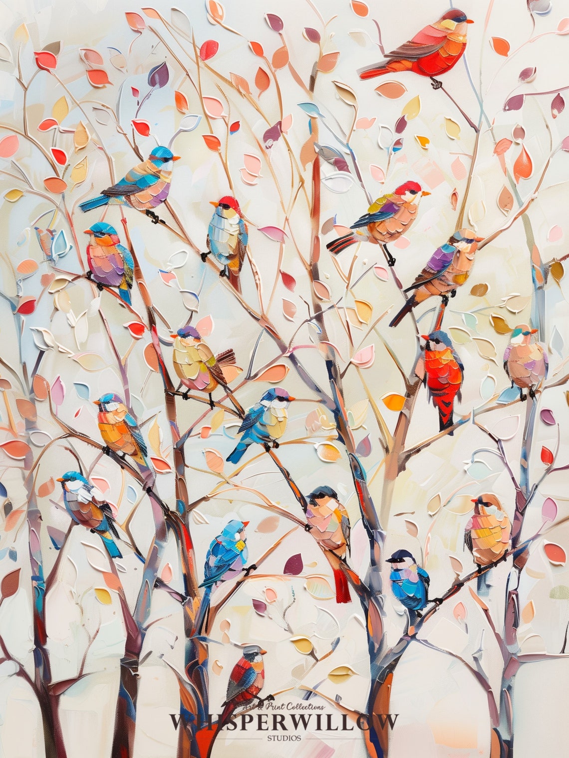 Colorful Birds Perched on Bare Branches Textured Oil Painting Poster - Image 6