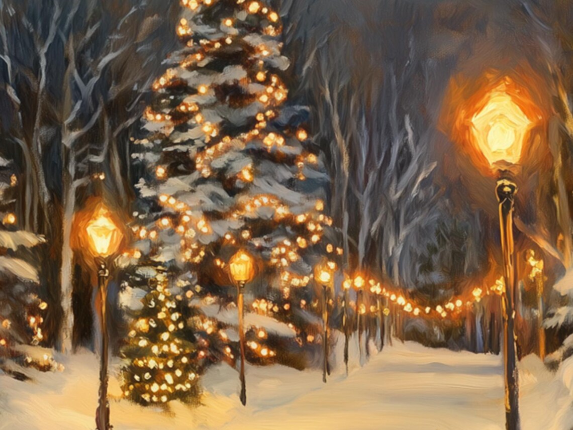 Snowy Winter Christmas Lights Painting, Holiday Decor - Image 6