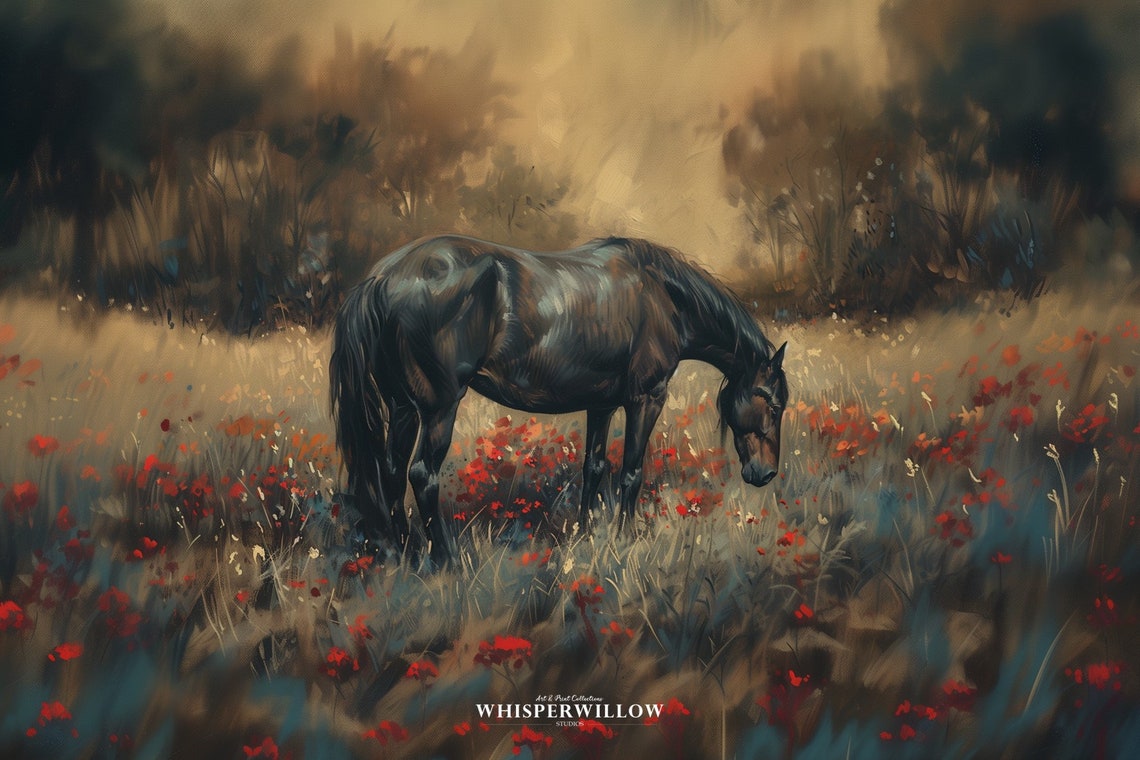 Black Horse in Red Poppy Field Dramatic Moody Equestrian Poster - Image 6