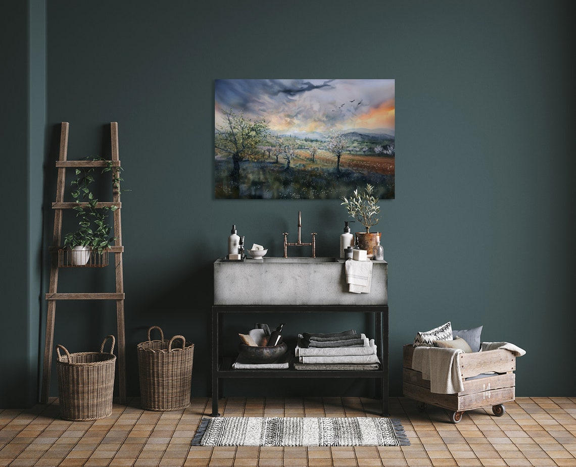 Storm Clouds Over Flowering Valley at Sunset Watercolor Poster - Image 3