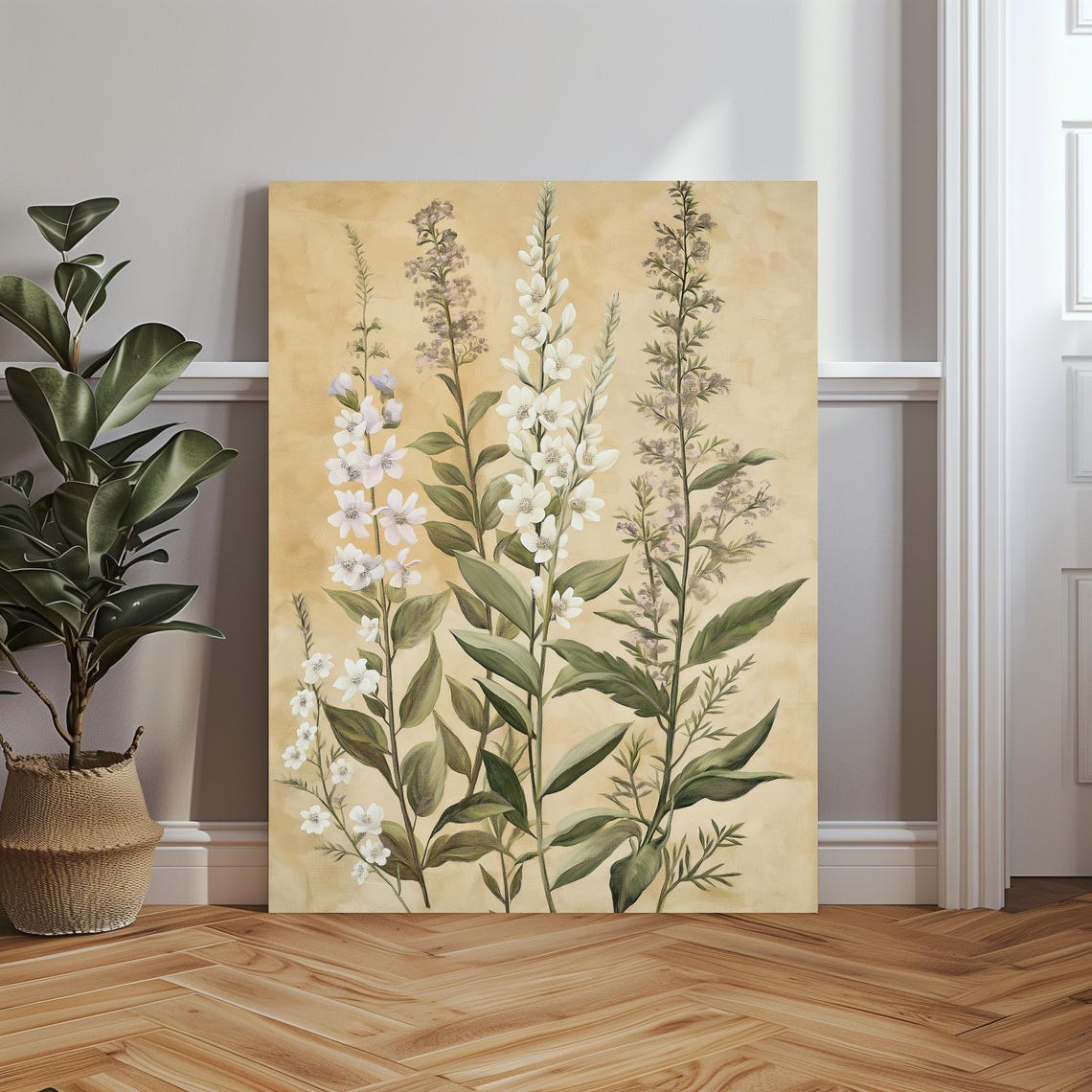 White Wildflower Botanical Illustration on Aged Paper Poster - Image 3