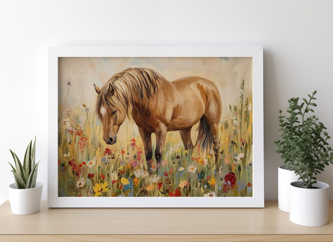 Chestnut Horse Standing Among Wildflowers Golden Light Poster - Image 3