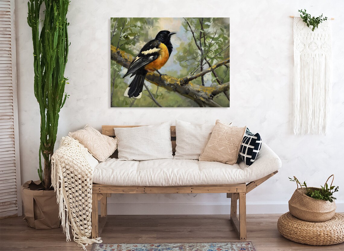 Black and Orange Songbird Perched on Branch Vintage Painting Poster - Image 5