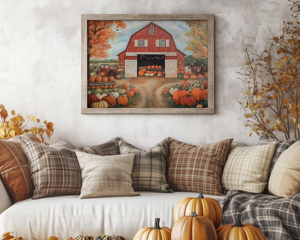 Autumn Farm Scene Red Barn Pumpkins Tractor Horses Painting Poster - Image 3
