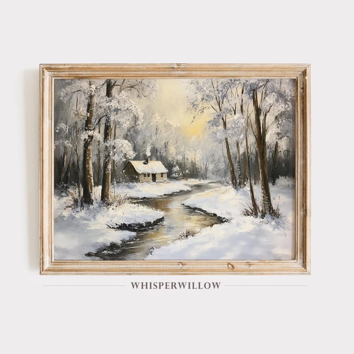 Cozy Snowy Log Cabin in Winter Forest with Winding Stream Poster
