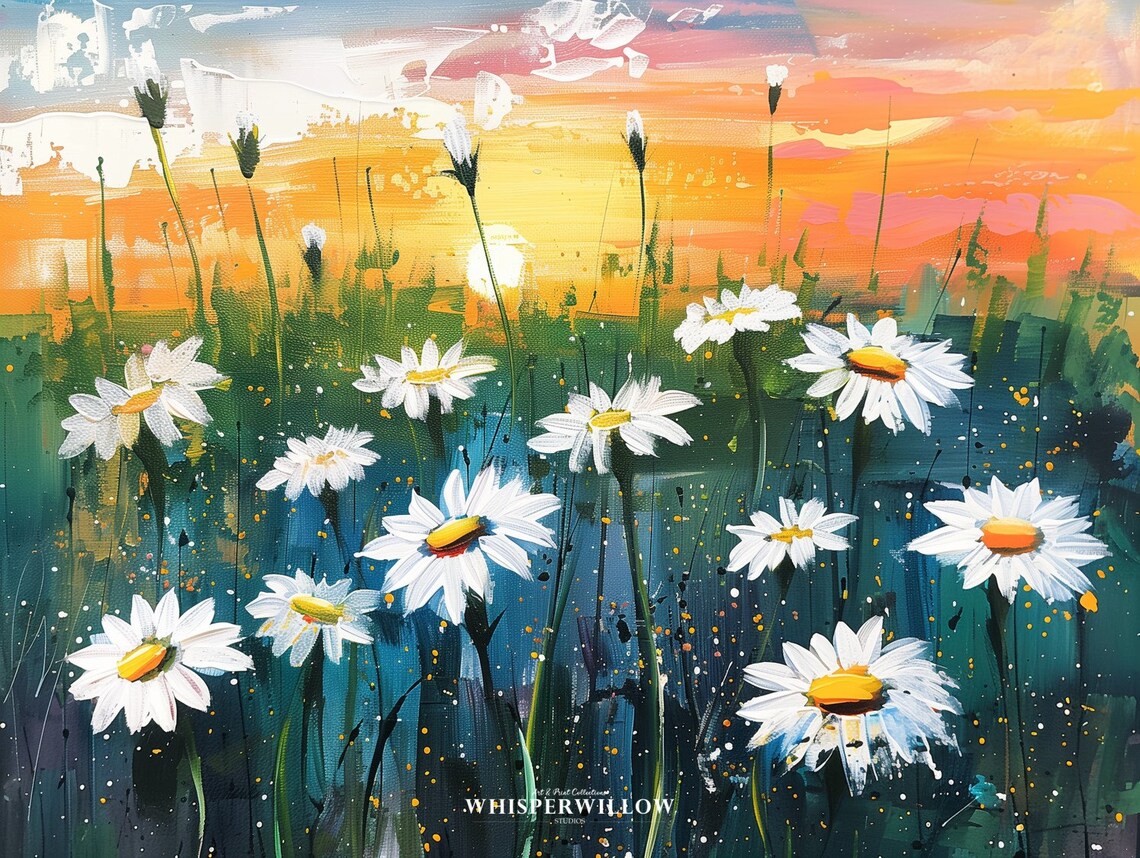 White Daisies at Sunset Colorful Impasto Flower Painting Poster - Image 6