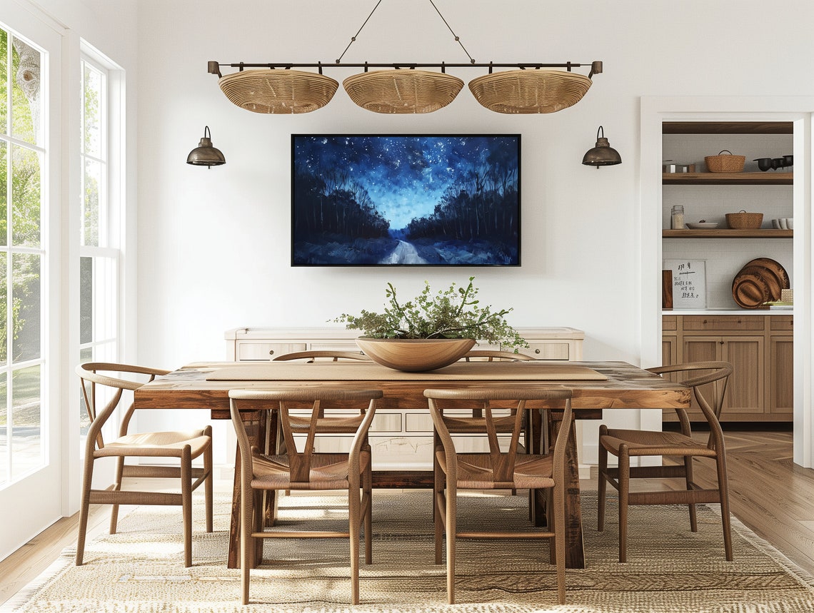 Glittering Starry Night Sky Over Moonlit Snowy Forest Road Poster - Image 4