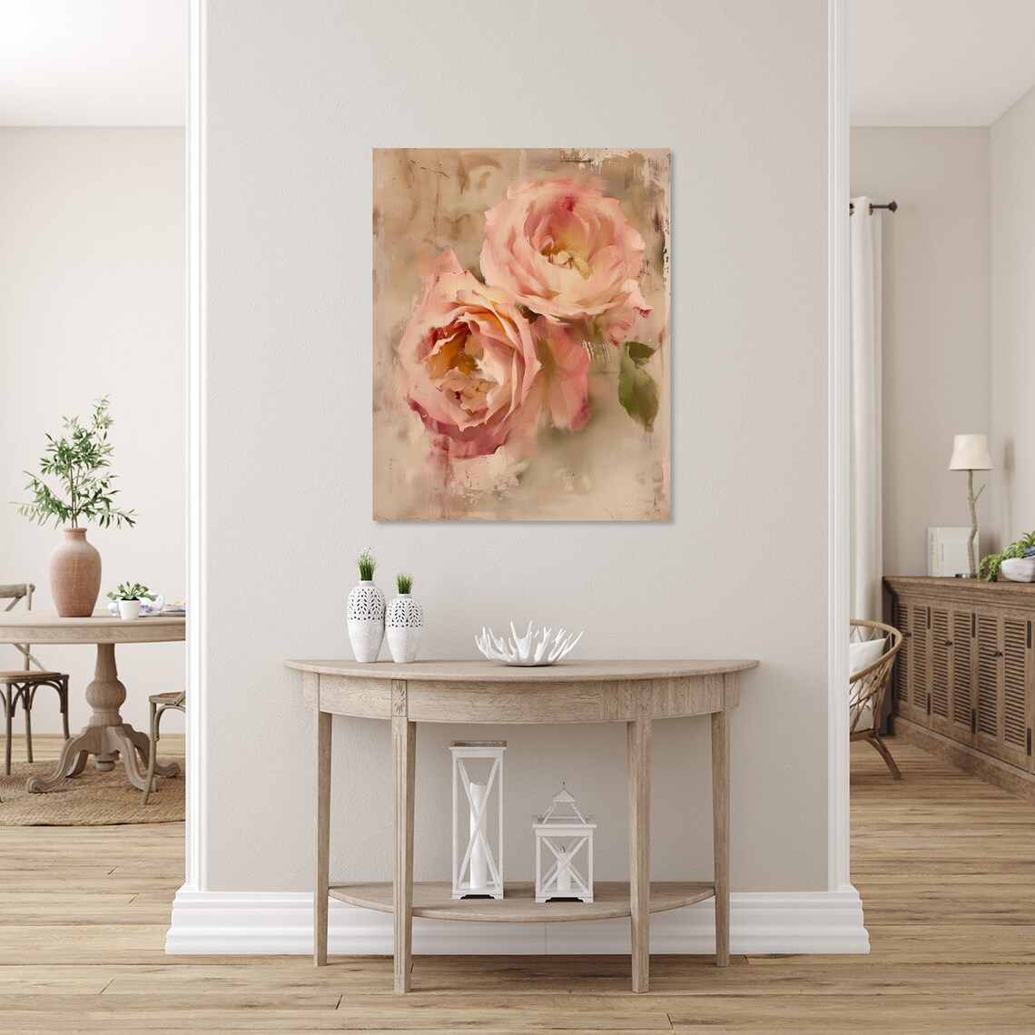 Two Blush Pink Roses Impressionistic Floral Painting Vintage Poster - Image 3