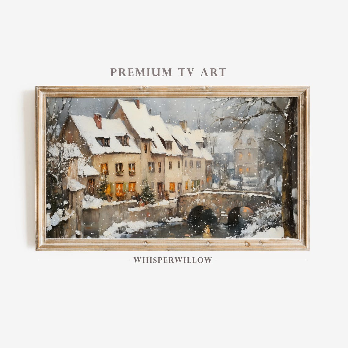 Snowy Riverside Village with Stone Bridge Winter Evening Poster