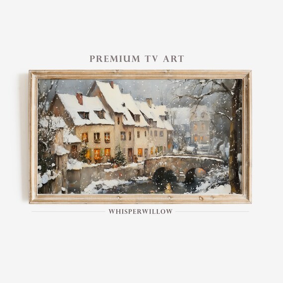 Snowy Riverside Village with Stone Bridge Winter Evening Poster