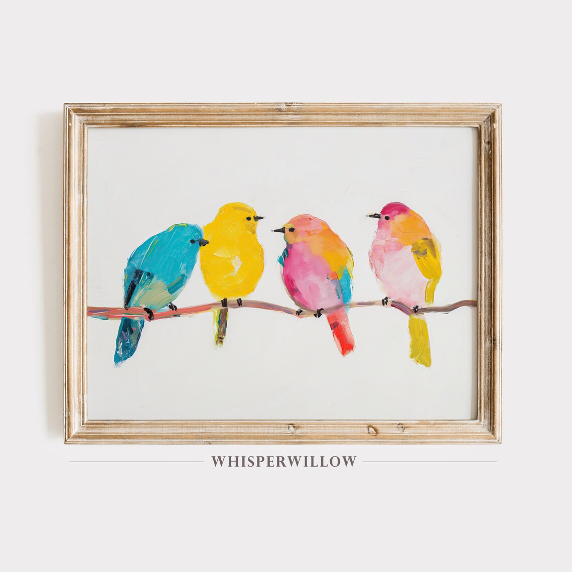 Colorful Birds On Branch Landscape, Wildlife Art Print