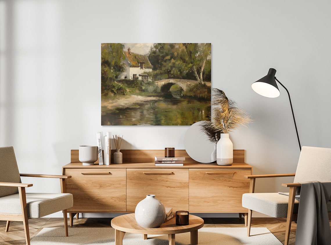 Thatched Cottage By River With Stone Bridge Vintage Landscape Poster - Image 5