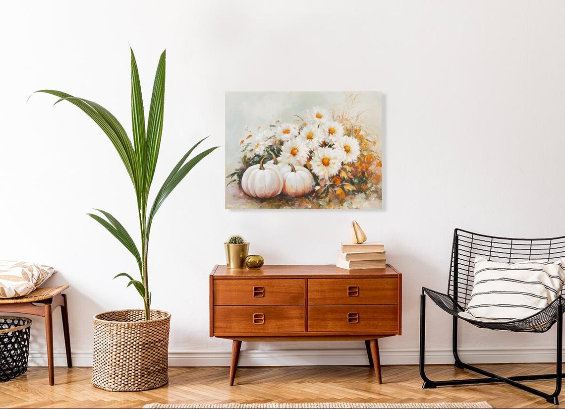 White Pumpkins and Daisies Autumn Bouquet Vintage Style Poster - Image 4