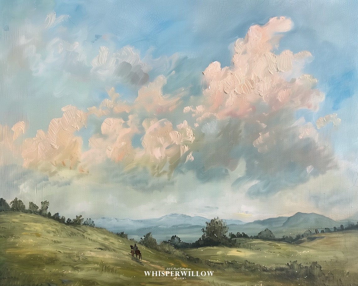 Pink Clouds Over Rolling Green Hills with Horse Rider Poster - Image 6