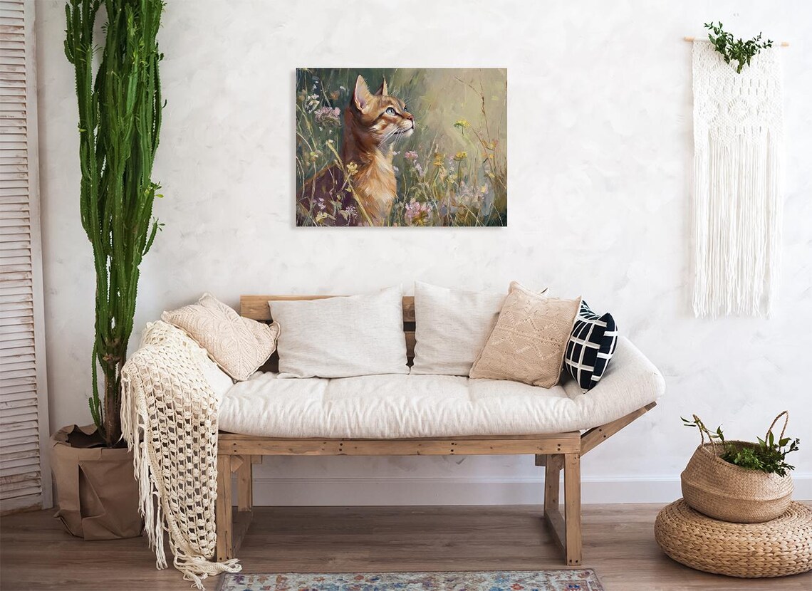 Abyssinian Cat Gazing Upward Wildflower Meadow Side Profile Painting Poster - Image 3
